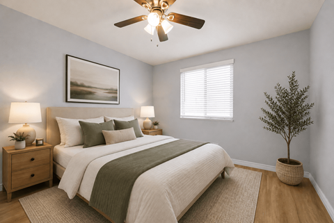 A bedroom with a bed, nightstands, a ceiling fan, and a potted plant.