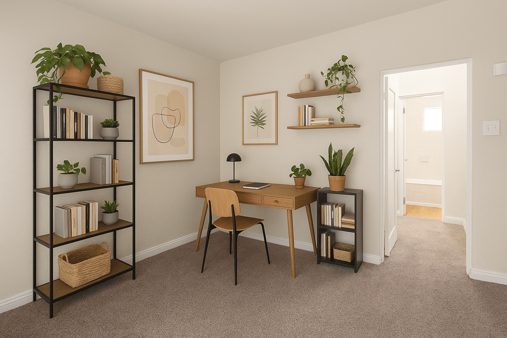 A room with a desk, chair, and shelves with plants and books.