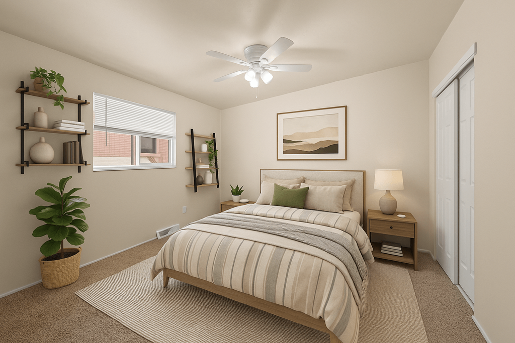 A bedroom with a large bed and a ceiling fan.