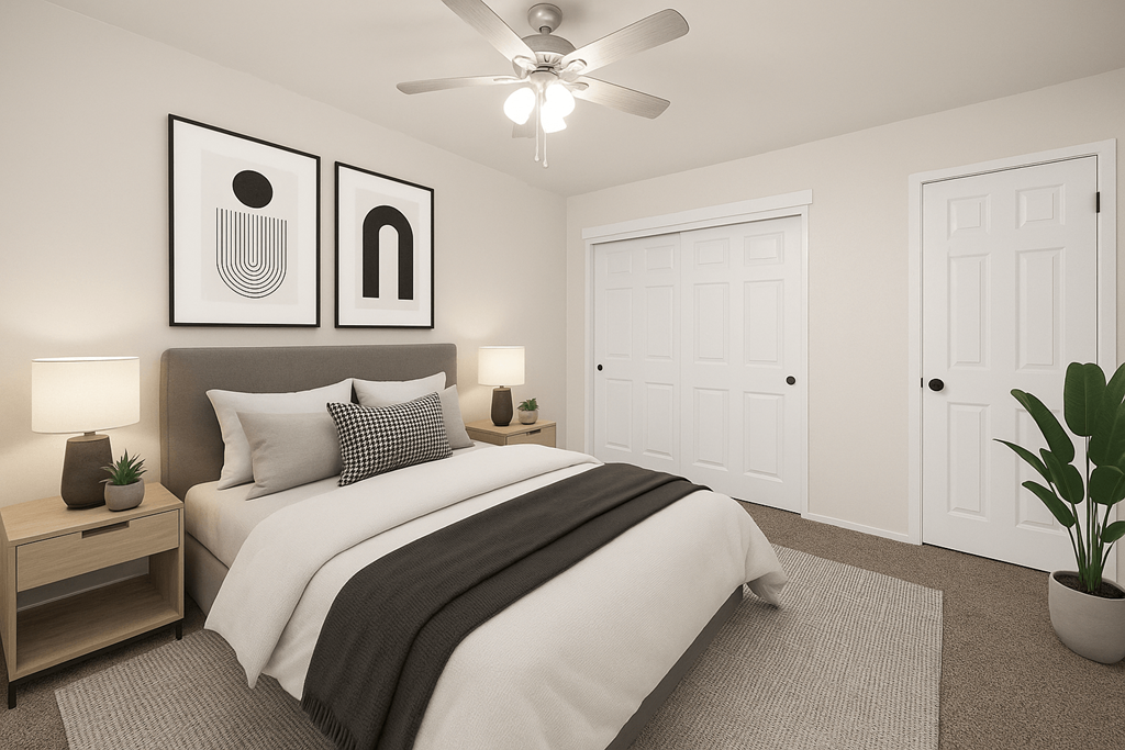 A bedroom with a large bed and a ceiling fan.
