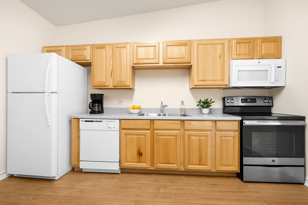 A kitchen with wooden cabinets and white appliances.