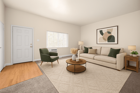 A living room with a white door, a green chair, a white couch, and a painting on the wall.