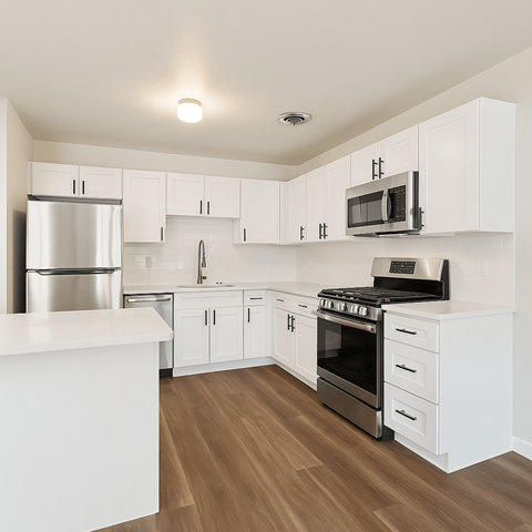 A kitchen with white cabinets and appliances.