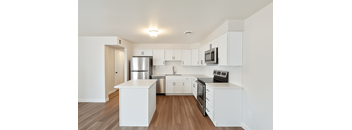 A white kitchen with wood floors and stainless steel appliances.