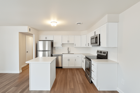 A white kitchen with wood floors and stainless steel appliances.