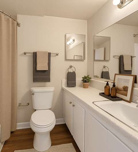 A white toilet sits in a bathroom next to a sink.