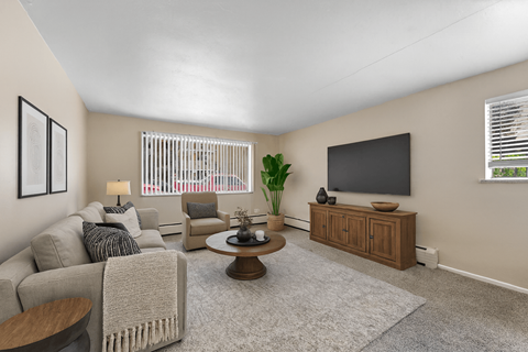 A living room with a grey sofa, a wooden coffee table, a flat screen TV, and a potted plant.