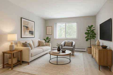 A living room with a couch, chair, and a coffee table.
