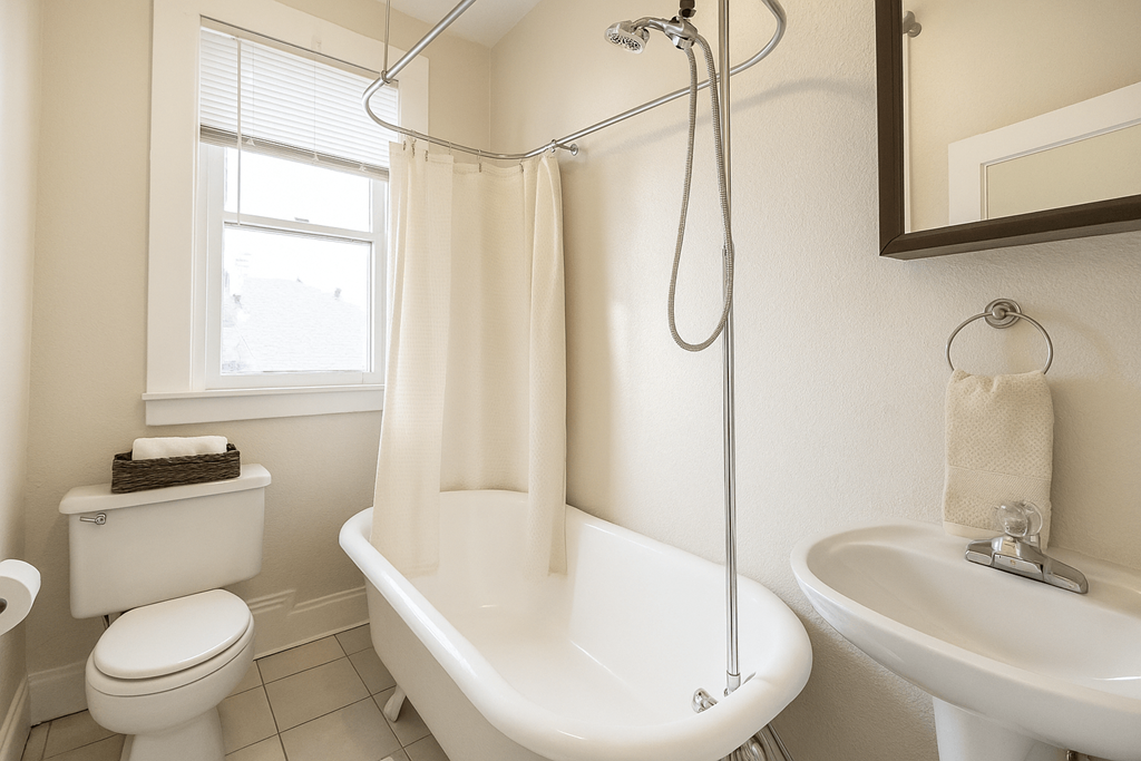 A white bathroom with a toilet, sink, and bathtub.