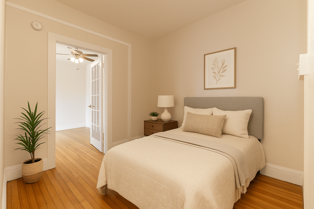 A bedroom with a bed, nightstand, and plant.