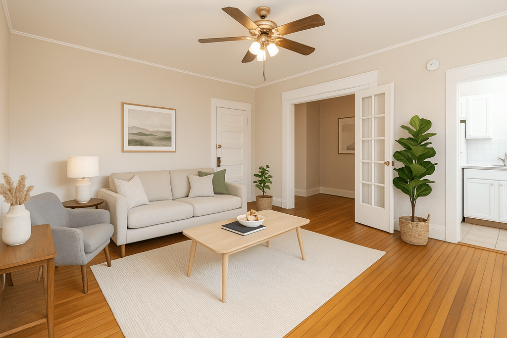 A living room with a white rug, a grey couch, a wooden coffee table, a ceiling fan, and a potted plant.