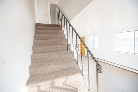 A staircase with a metal railing and carpeted steps.