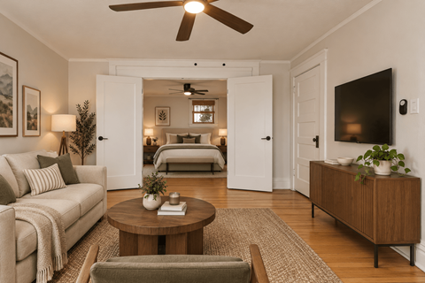 A living room with a couch, coffee table, and a ceiling fan.