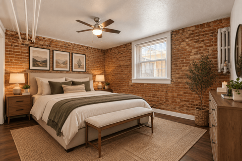 A bedroom with a brick wall and a bed with a white comforter.