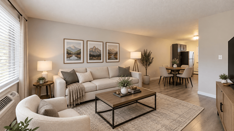 A living room with a couch, chair, and coffee table.