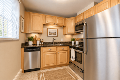 A kitchen with wooden cabinets and a stainless steel refrigerator.