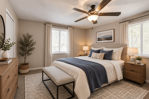A bedroom with a bed, a bench, a ceiling fan, and a potted plant.