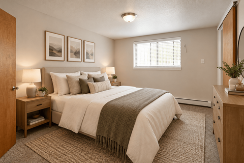 A bedroom with a bed, nightstand, and a window with blinds.