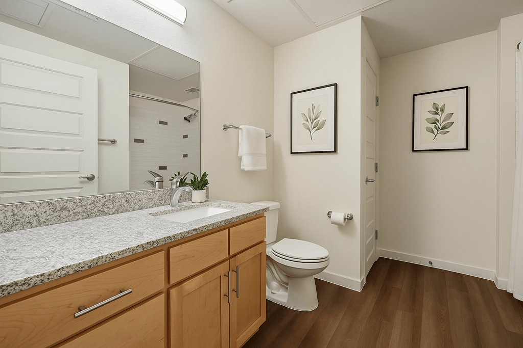 A bathroom with a toilet, sink, and mirror. at B Street Lohi Apartments, Colorado, 80211