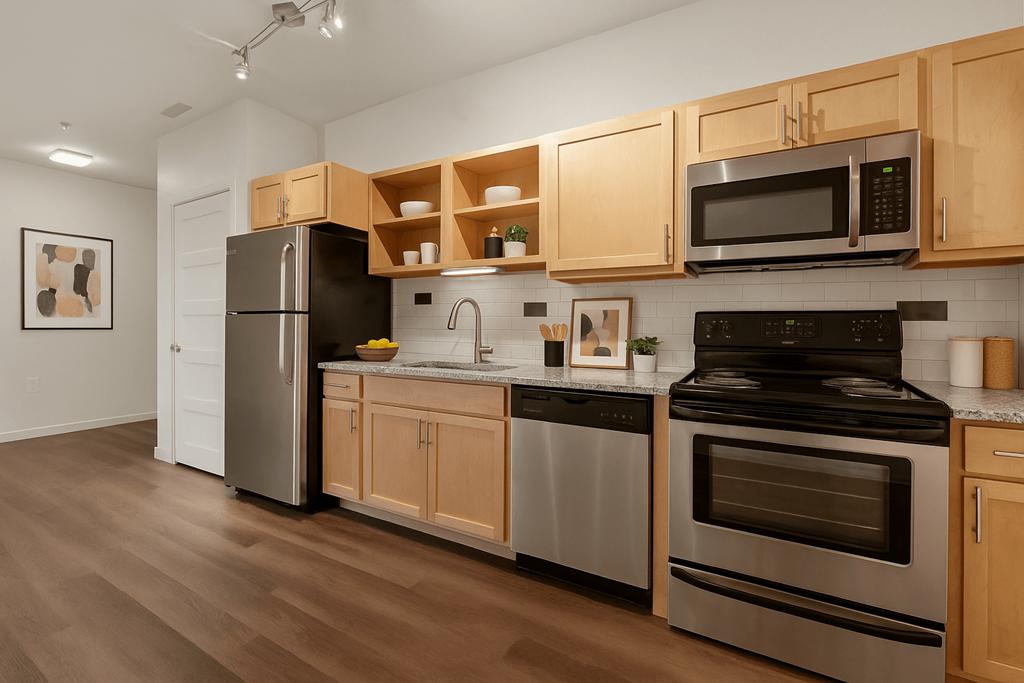 A kitchen with wooden cabinets and stainless steel appliances. at B Street Lohi Apartments, Denver, CO