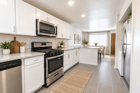 A kitchen with white cabinets and stainless steel appliances.