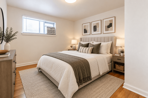 A bedroom with a large bed and a window.