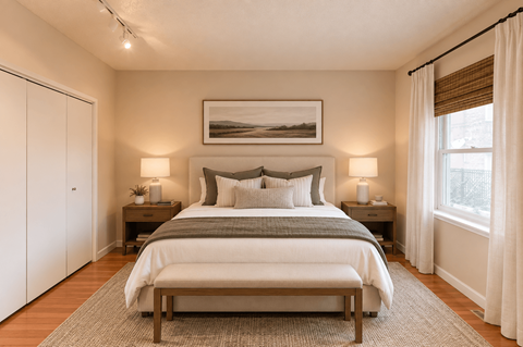 A bedroom with a large bed, a bench, and two lamps.