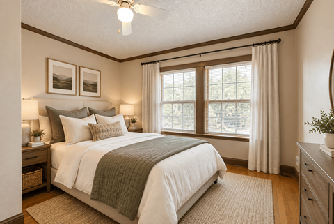 A bedroom with a large bed and a window with curtains.