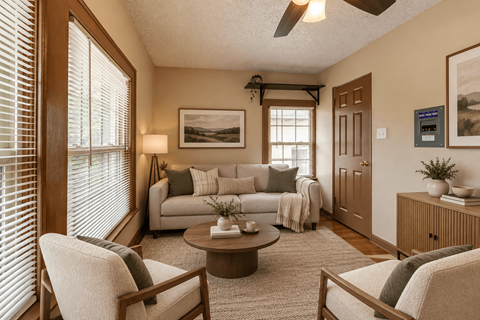A living room with a couch, chair, and coffee table.