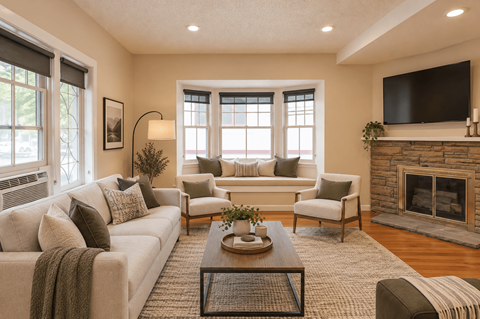 A living room with a fireplace and a couch.