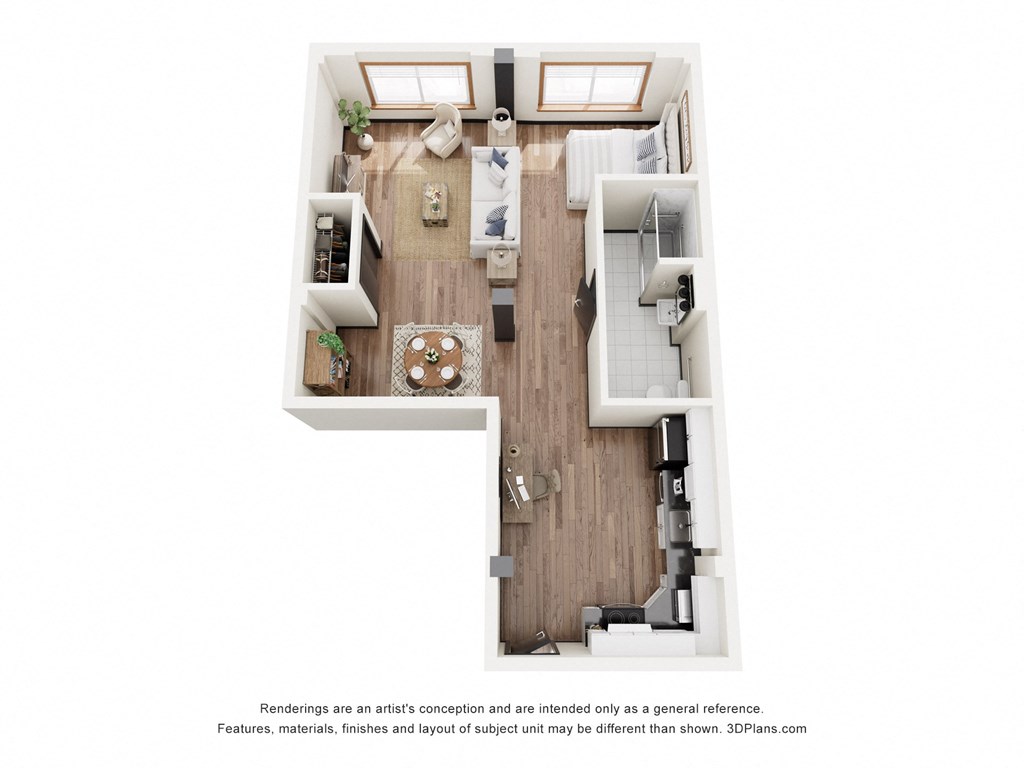 a stylized floor plan of a 1 bedroom apartment