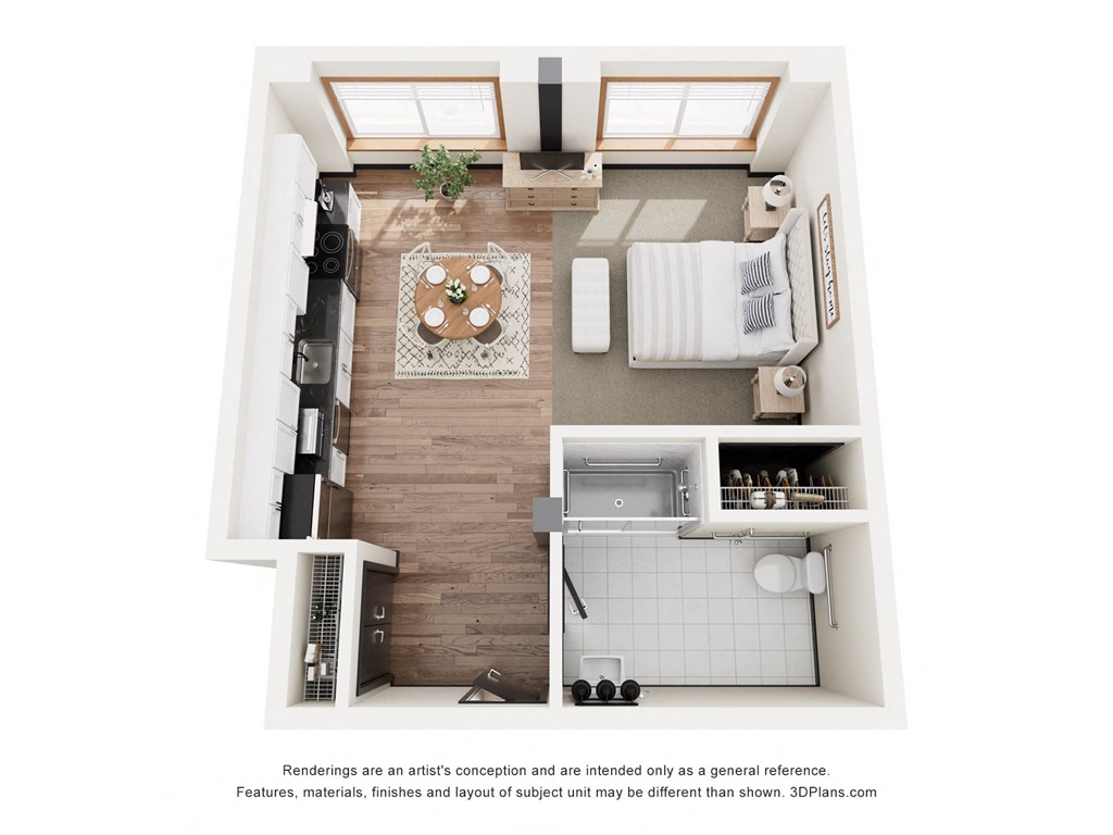 a stylized floor plan with a bedroom and a living room