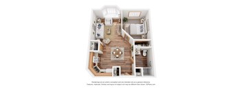 A 3D floor plan of a small apartment with a kitchen, living room, and bedroom.