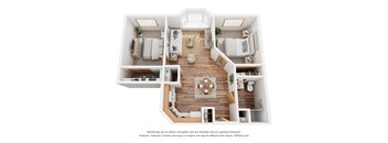 A 3D floor plan of a house with a kitchen, living room, dining room, and bedrooms.