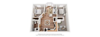 A 3D floor plan of a house with a kitchen, living room, and two bedrooms.