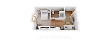 A 3D floor plan of a small apartment with a bedroom, living room, and kitchen.