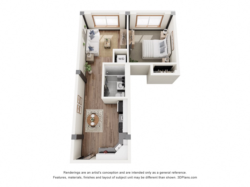 a stylized floor plan with a bedroom and a living room