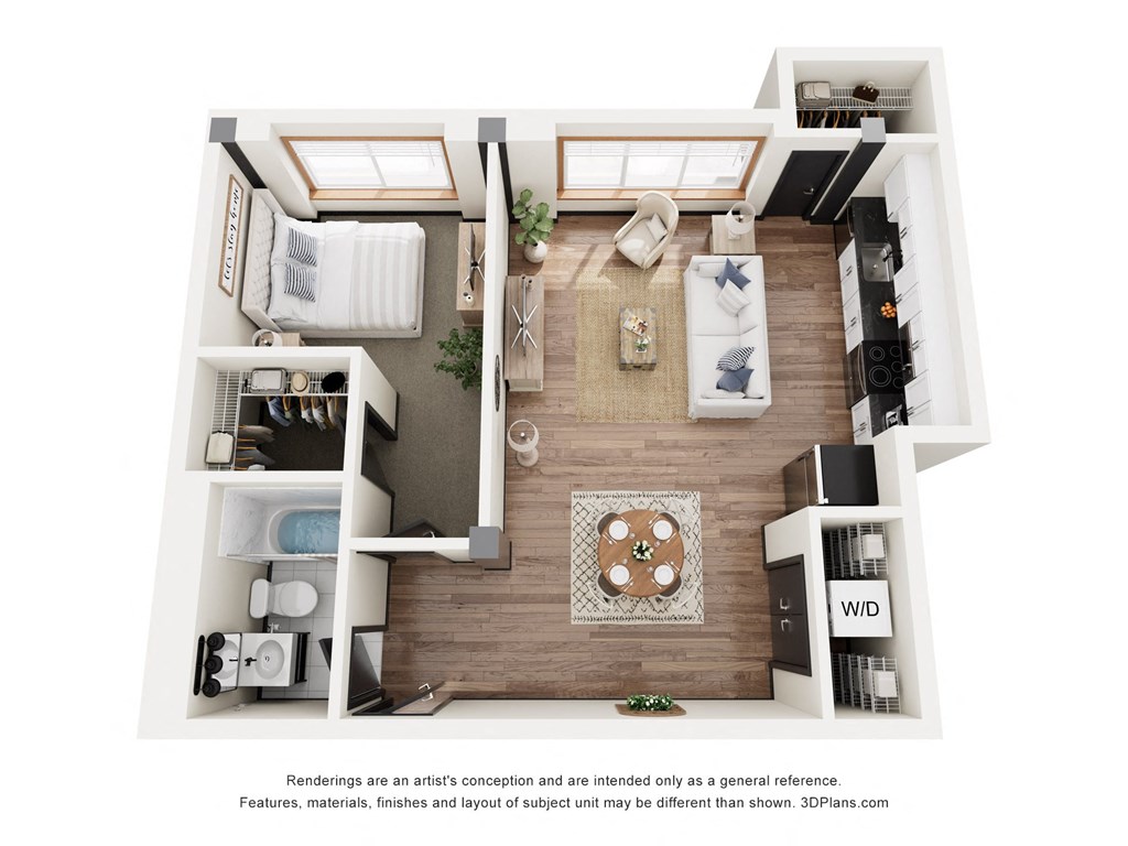 a stylized floor plan of a 1 bedroom apartment