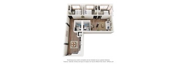 A 3D floor plan of a small apartment with a kitchen, living room, and bathroom.