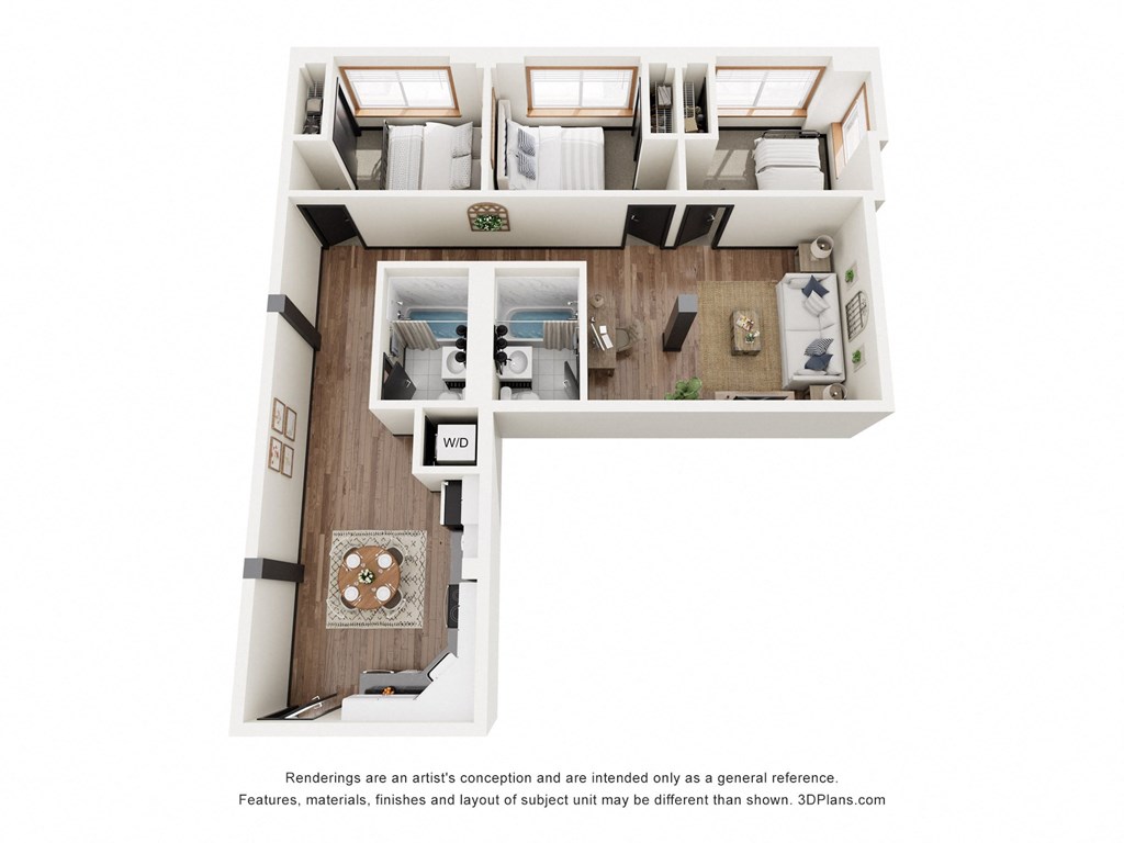 a stylized floor plan with a bedroom and a living room