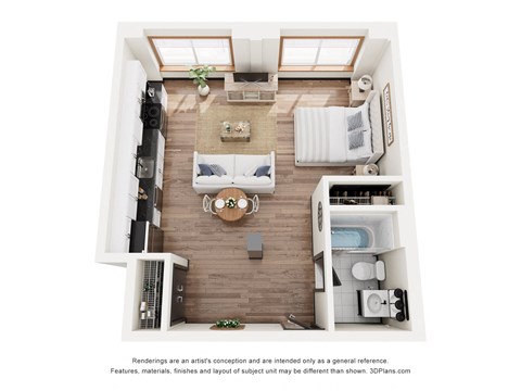 a 1 bedroom floor plan with a living room and a dining room