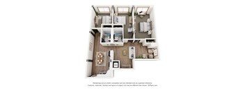 a stylized floor plan with a bedroom and a living room