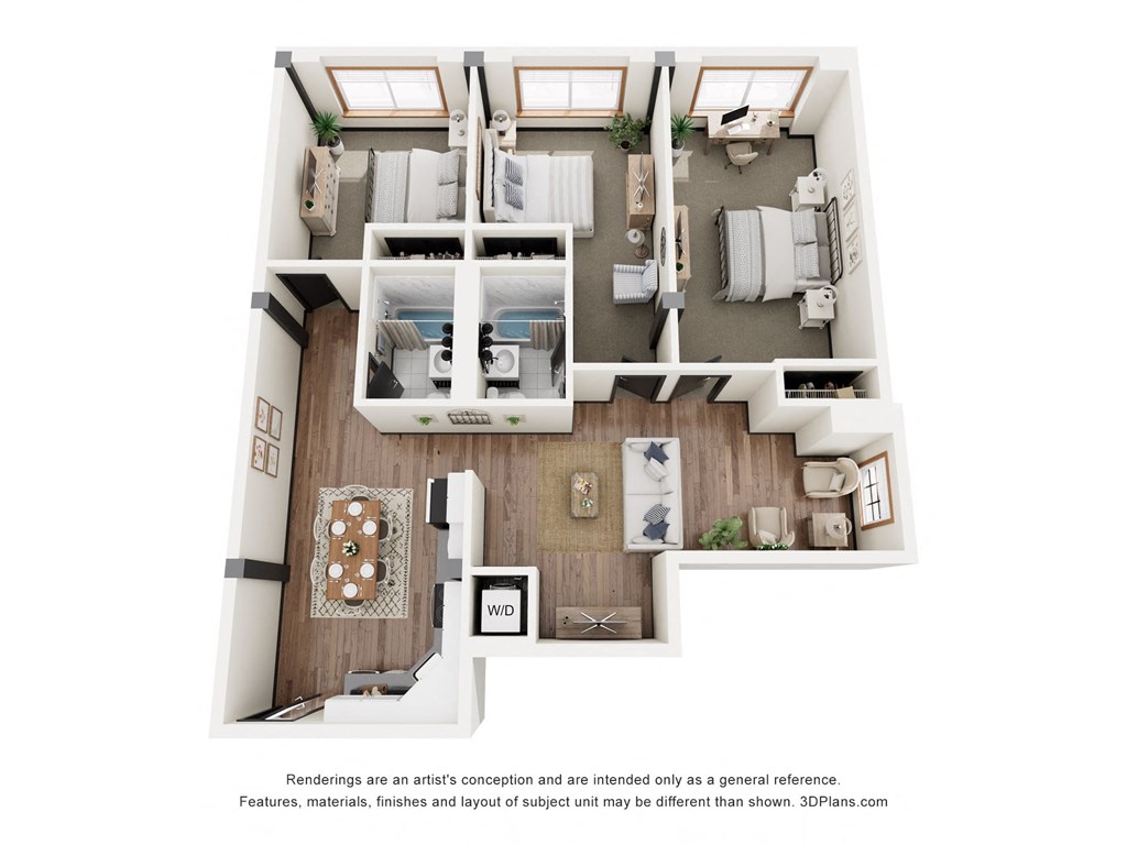 a stylized floor plan with a bedroom and a living room