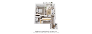 A 3D floor plan of a small apartment with a kitchen, living room, and bedroom.