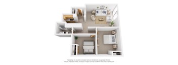 A 3D floor plan of a house with a living room, kitchen, dining room, and bedrooms.