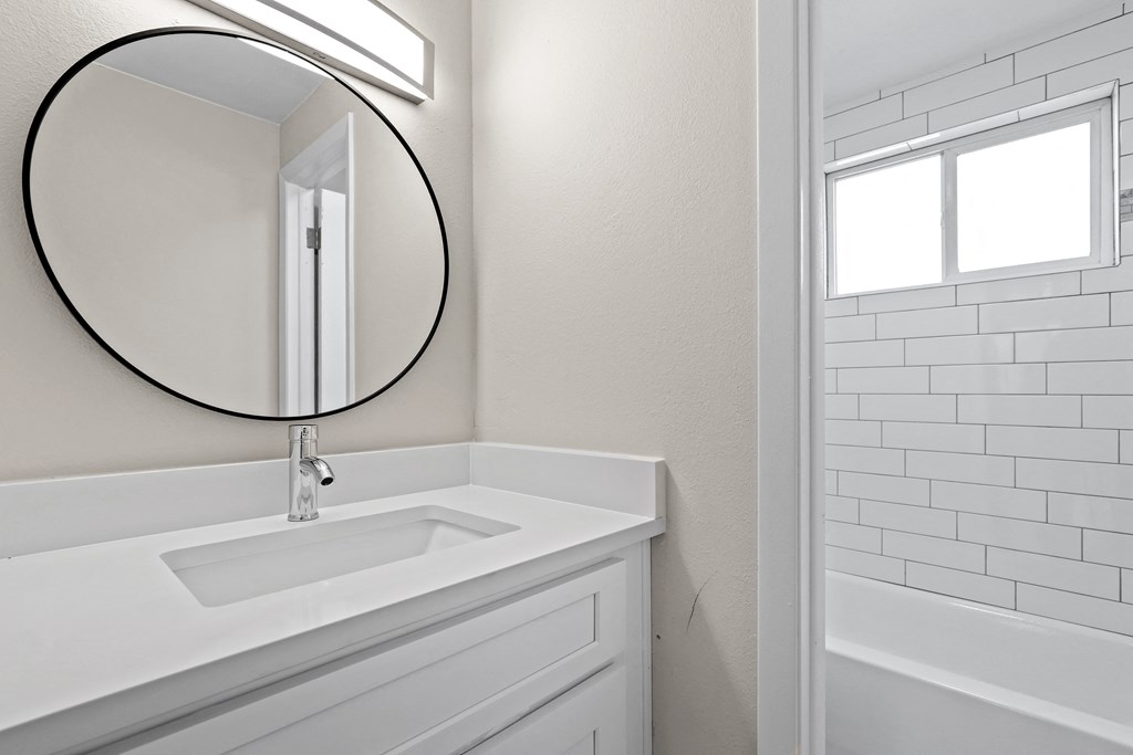 a bathroom with a sink and a mirror and a shower