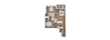 A floor plan of a house with a kitchen, living room, and two bedrooms.