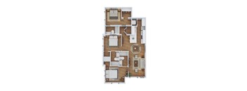 A floor plan of a house with a kitchen, living room, dining room, and two bedrooms.