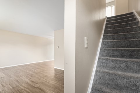 A staircase with a carpeted runner and a wall-mounted light switch.