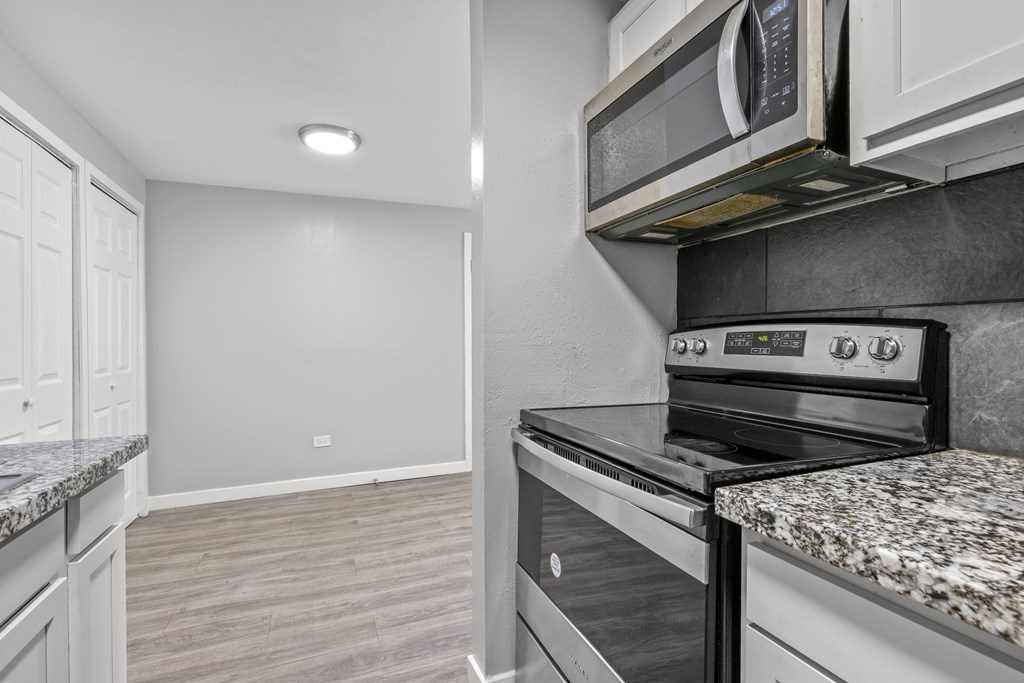 A kitchen with a granite countertop and stainless steel appliances.